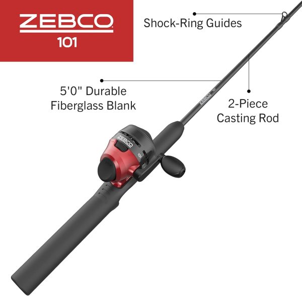 Zebco 101 Spincast Reel and Fishing Rod Combo, 5-Foot 2-Piece Fiberglass Fishing Pole with EVA Handle, Size 20 Reel, Quickset Anti-Reverse Fishing Reel, Right-Hand Retrieve, Black/Red - Image 2